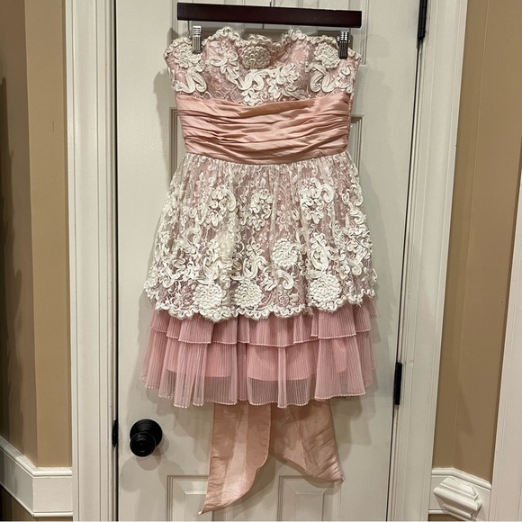 Betsey Johnson Dresses & Skirts - Vintage Betsey Johnson Lace Pink Strapless Mini Dress Lacey Tea Party Tulle Bow
